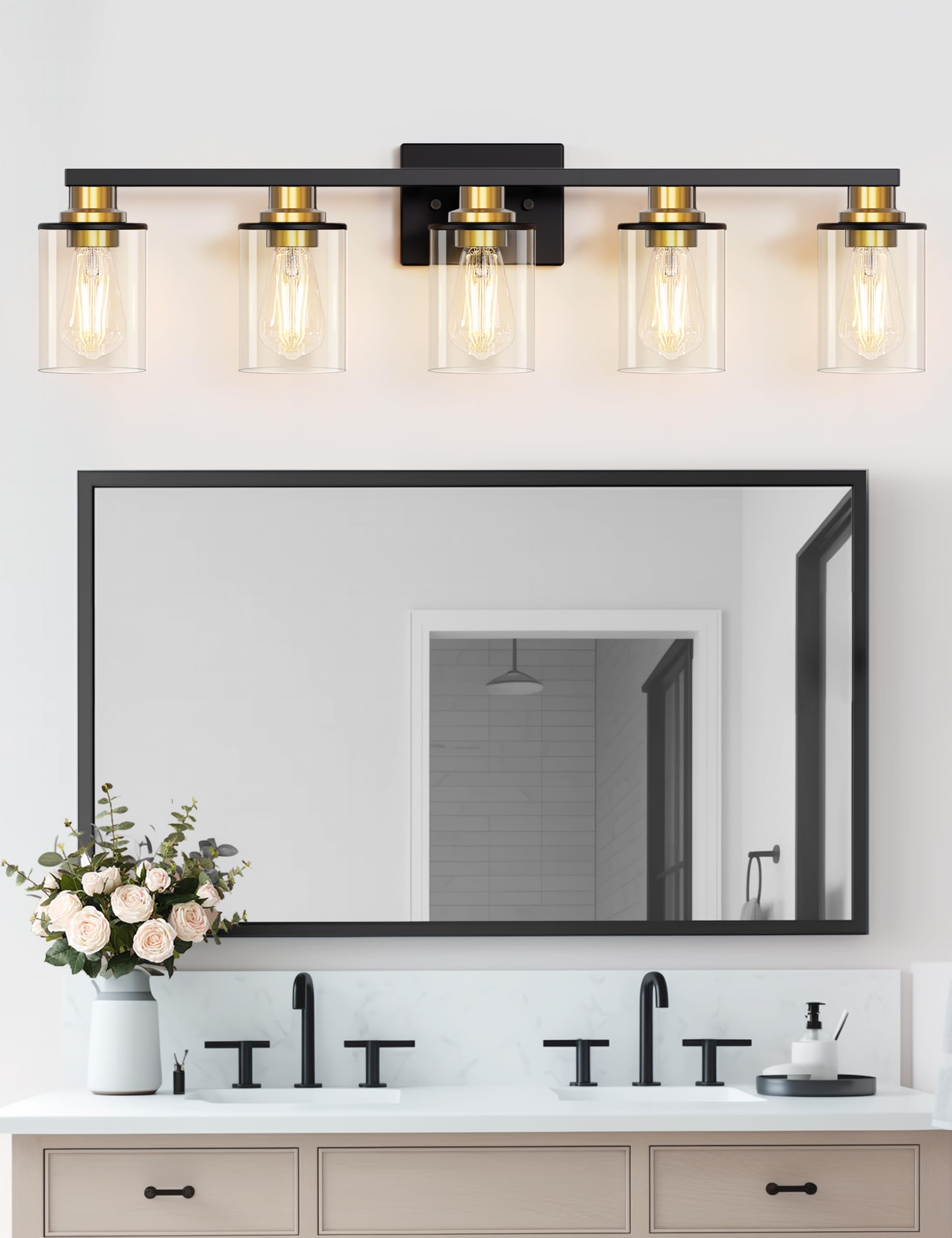 DORESshop Bathroom Light Fixtures, 5-Light Black and Gold